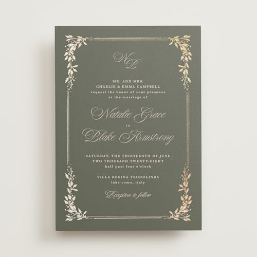 This is a sage foil stamped wedding invitations with foil pressed by Kate Ahn called lake como printing on signature in standard