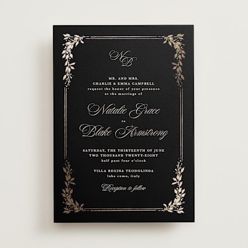 This is a obsidian foil stamped wedding invitations with foil pressed by Kate Ahn called lake como printing on signature in standard