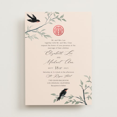 This is a cream foil stamped wedding invitations with foil pressed by Elly called lovebirds printing on signature in standard