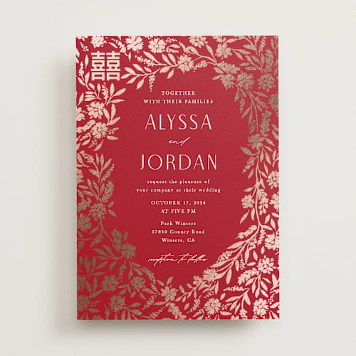 This is a ruby foil stamped wedding invitations with foil pressed by Yaling Hou Suzuki called garden vines printing on signature in standard