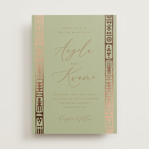 This is a foliage foil stamped wedding invitations with foil pressed by David Michuki called cultured element printing on signature in standard