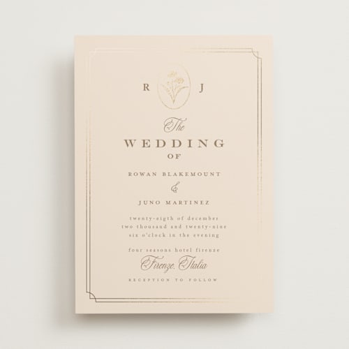 This is a honey foil stamped wedding invitations with foil pressed by chocomocacino called fleu-de-sel printing on signature in standard