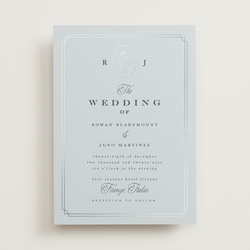 This is a steel blue foil stamped wedding invitations with foil pressed by chocomocacino called fleu-de-sel printing on signature in standard