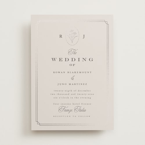 This is a granite foil stamped wedding invitations with foil pressed by chocomocacino called fleu-de-sel printing on signature in standard