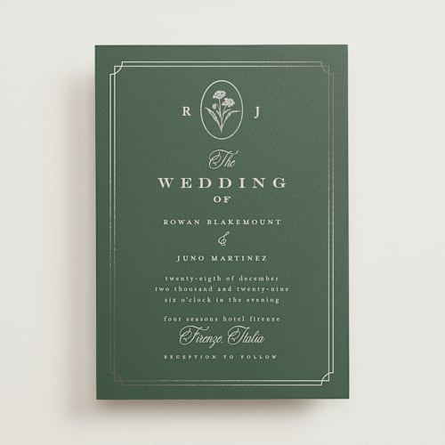 This is a juniper foil stamped wedding invitations with foil pressed by chocomocacino called fleu-de-sel printing on signature in standard