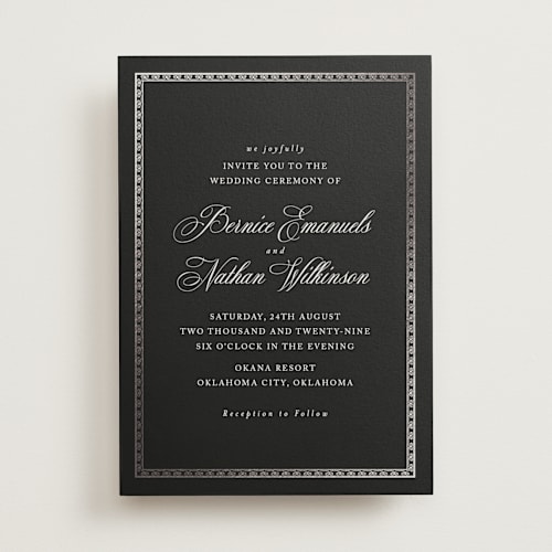 This is a obsidian foil stamped wedding invitations with foil pressed by Deynaaz Daraei called ahlum printing on signature in standard