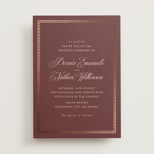 This is a wine foil stamped wedding invitations with foil pressed by Deynaaz Daraei called ahlum printing on signature in standard