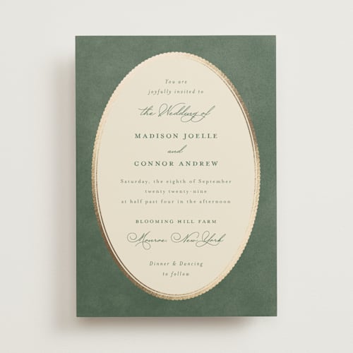 This is a rosemary foil stamped wedding invitations with foil pressed by Emily Betts called vintage oval printing on signature in standard