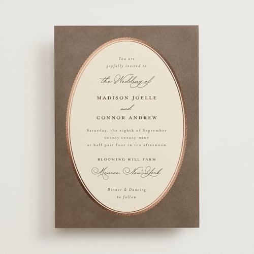 This is a tea foil stamped wedding invitations with foil pressed by Emily Betts called vintage oval printing on signature in standard