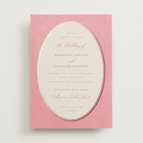 This is a rosebud foil stamped wedding invitations with foil pressed by Emily Betts called vintage oval printing on signature in standard