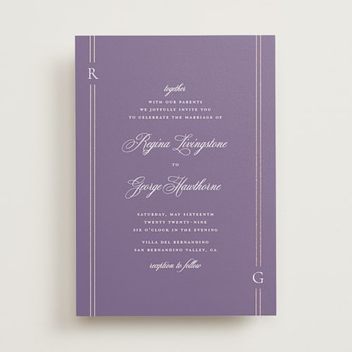This is a lavender foil stamped wedding invitations with foil pressed by Jelena Vuletic called elencourt printing on signature in standard