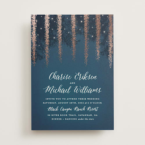 This is a navy foil stamped wedding invitations with foil pressed by Hooray Creative called strands of lights printing on signature in standard