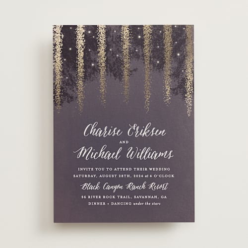 This is a plum foil stamped wedding invitations with foil pressed by Hooray Creative called strands of lights printing on signature in standard