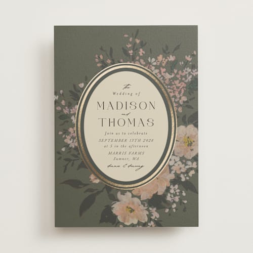 This is a thyme foil stamped wedding invitations with foil pressed by Itsy Belle Studio called madison printing on signature in standard