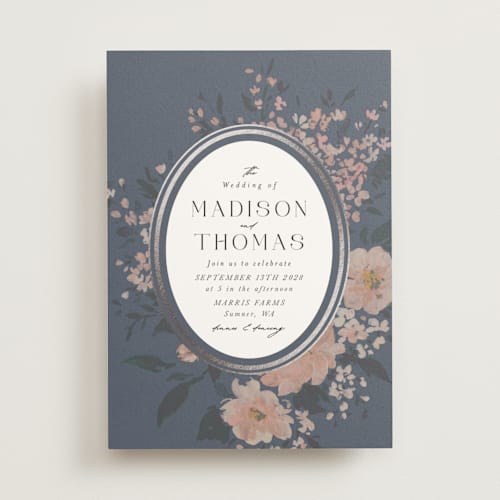 This is a indigo foil stamped wedding invitations with foil pressed by Itsy Belle Studio called madison printing on signature in standard