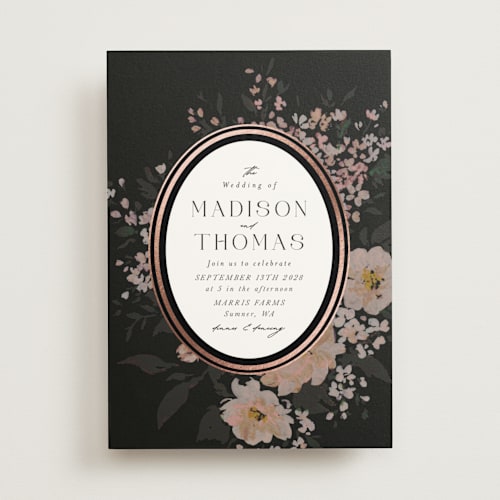 This is a ebony foil stamped wedding invitations with foil pressed by Itsy Belle Studio called madison printing on signature in standard