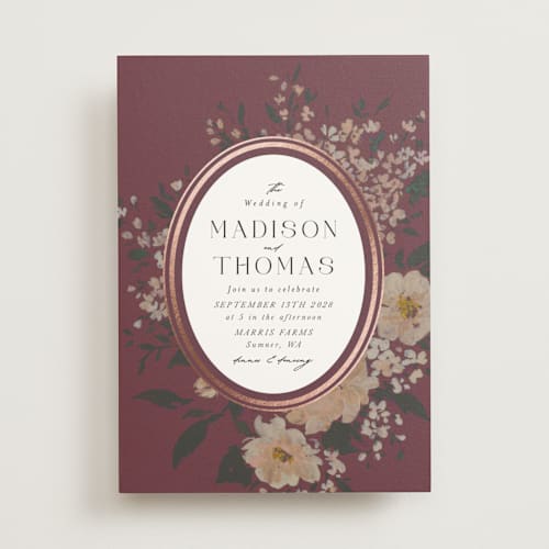 This is a burgundy foil stamped wedding invitations with foil pressed by Itsy Belle Studio called madison printing on signature in standard