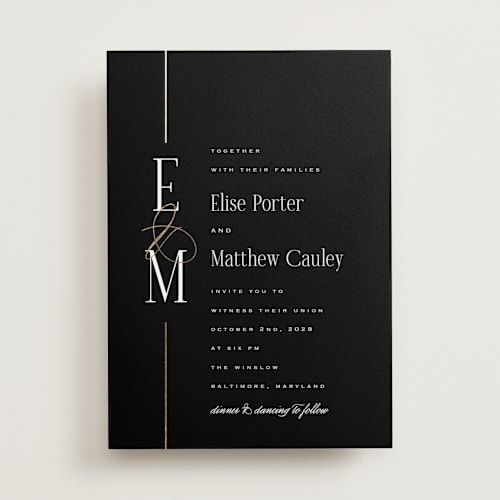 This is a onyx foil stamped wedding invitations with foil pressed by Laura Hankins called linear printing on signature in standard