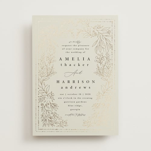 This is a taupe foil stamped wedding invitations with foil pressed by Hannah Williams called foil botanical frame printing on signature in standard