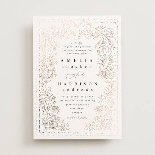 This is a lace foil stamped wedding invitations with foil pressed by Hannah Williams called foil botanical frame printing on signature in standard