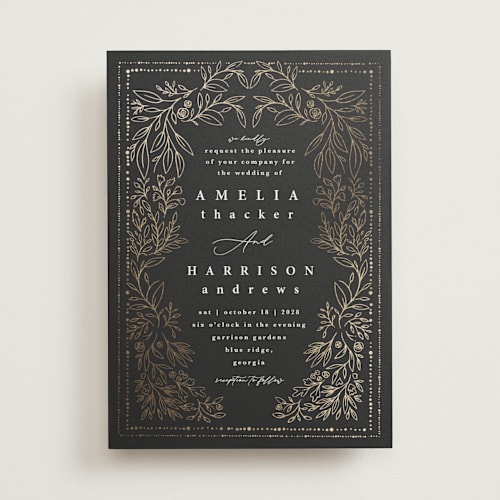 This is a twilight foil stamped wedding invitations with foil pressed by Hannah Williams called foil botanical frame printing on signature in standard