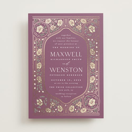 This is a dusty rose foil stamped wedding invitations with foil pressed by Ana de Sousa called timeless nature printing on signature in standard