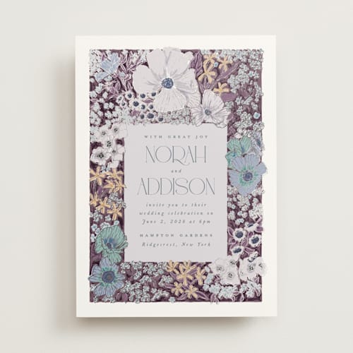This is a peacock foil stamped wedding invitations with foil pressed by Leah Bisch called in the garden printing on signature in standard