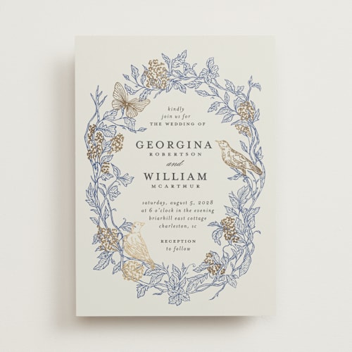 This is a cornflower foil stamped wedding invitations with foil pressed by Grae called meet me in the garden printing on signature in standard