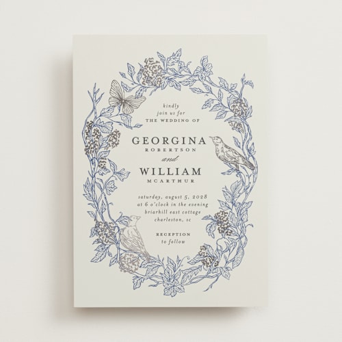 This is a cornflower foil stamped wedding invitations with foil pressed by Grae called meet me in the garden printing on signature in standard