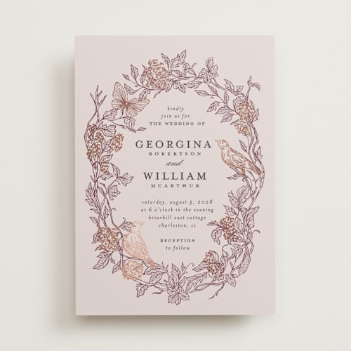 This is a merlot foil stamped wedding invitations with foil pressed by Grae called meet me in the garden printing on signature in standard