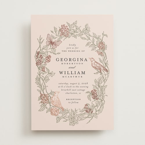 This is a moss foil stamped wedding invitations with foil pressed by Grae called meet me in the garden printing on signature in standard
