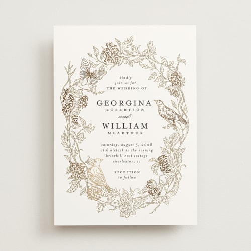This is a lace foil stamped wedding invitations with foil pressed by Grae called meet me in the garden printing on signature in standard
