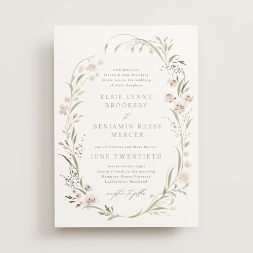 This is a spring mist foil stamped wedding invitations with foil pressed by Erin L. Wilson called meadow printing on signature in standard
