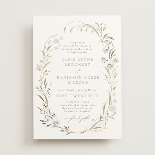 This is a snowdrop foil stamped wedding invitations with foil pressed by Erin L. Wilson called meadow printing on signature in standard