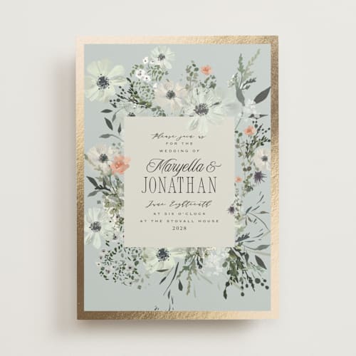 This is a mist foil stamped wedding invitations with foil pressed by Hannah Williams called blue garden printing on signature in standard