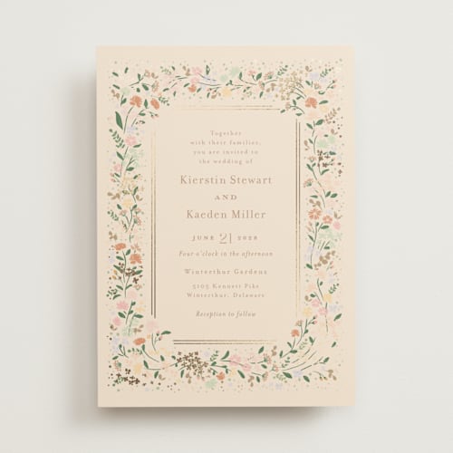 This is a ivory foil stamped wedding invitations with foil pressed by Jennifer Wick called esther's garden printing on signature in standard