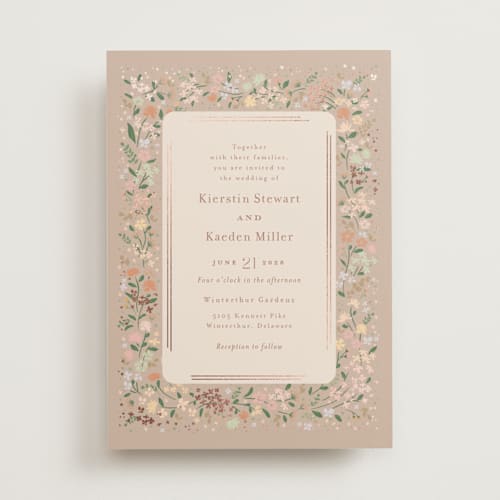 This is a latte foil stamped wedding invitations with foil pressed by Jennifer Wick called esther's garden printing on signature in standard