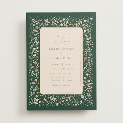 This is a emerald foil stamped wedding invitations with foil pressed by Jennifer Wick called esther's garden printing on signature in standard