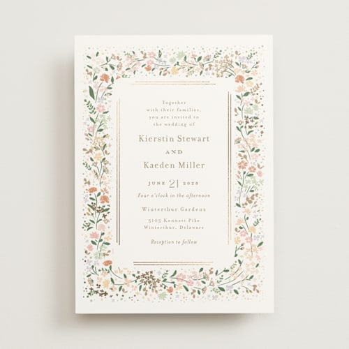 This is a lily foil stamped wedding invitations with foil pressed by Jennifer Wick called esther's garden printing on signature in standard