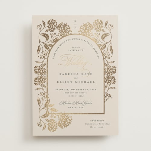 This is a tea time foil stamped wedding invitations with foil pressed by Susan Zinader called shimmering hydrangeas printing on signature in standard