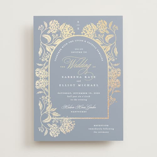 This is a fleur blue foil stamped wedding invitations with foil pressed by Susan Zinader called shimmering hydrangeas printing on signature in standard
