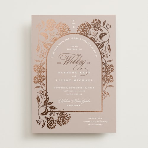 This is a cashmere foil stamped wedding invitations with foil pressed by Susan Zinader called shimmering hydrangeas printing on signature in standard