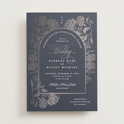 This is a under the stars foil stamped wedding invitations with foil pressed by Susan Zinader called shimmering hydrangeas printing on signature in standard
