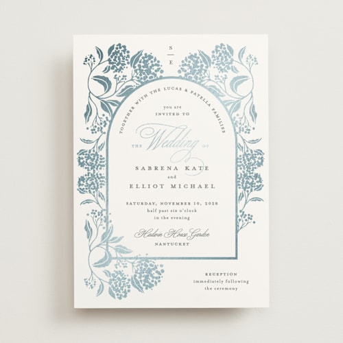 This is a dove foil stamped wedding invitations with foil pressed by Susan Zinader called shimmering hydrangeas printing on signature in standard