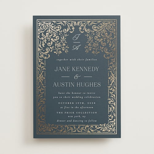 This is a sapphire foil stamped wedding invitations with foil pressed by Ana de Sousa called regency grace printing on signature in standard