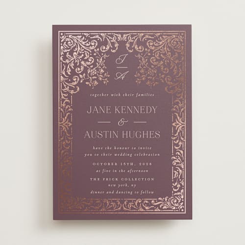 This is a amethyst foil stamped wedding invitations with foil pressed by Ana de Sousa called regency grace printing on signature in standard