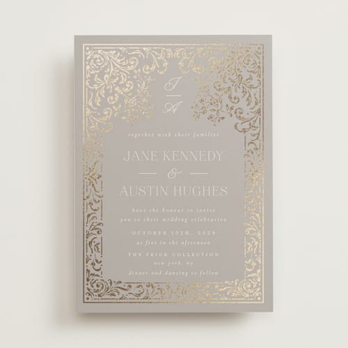This is a bells foil stamped wedding invitations with foil pressed by Ana de Sousa called regency grace printing on signature in standard