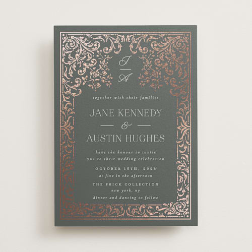 This is a emerald foil stamped wedding invitations with foil pressed by Ana de Sousa called regency grace printing on signature in standard