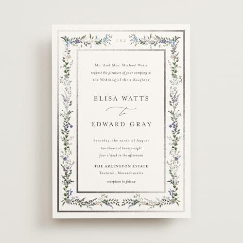 This is a lilac foil stamped wedding invitations with foil pressed by Susan Moyal called blooming vine printing on signature in standard