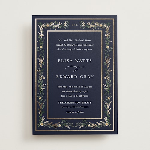 This is a indigo foil stamped wedding invitations with foil pressed by Susan Moyal called blooming vine printing on signature in standard